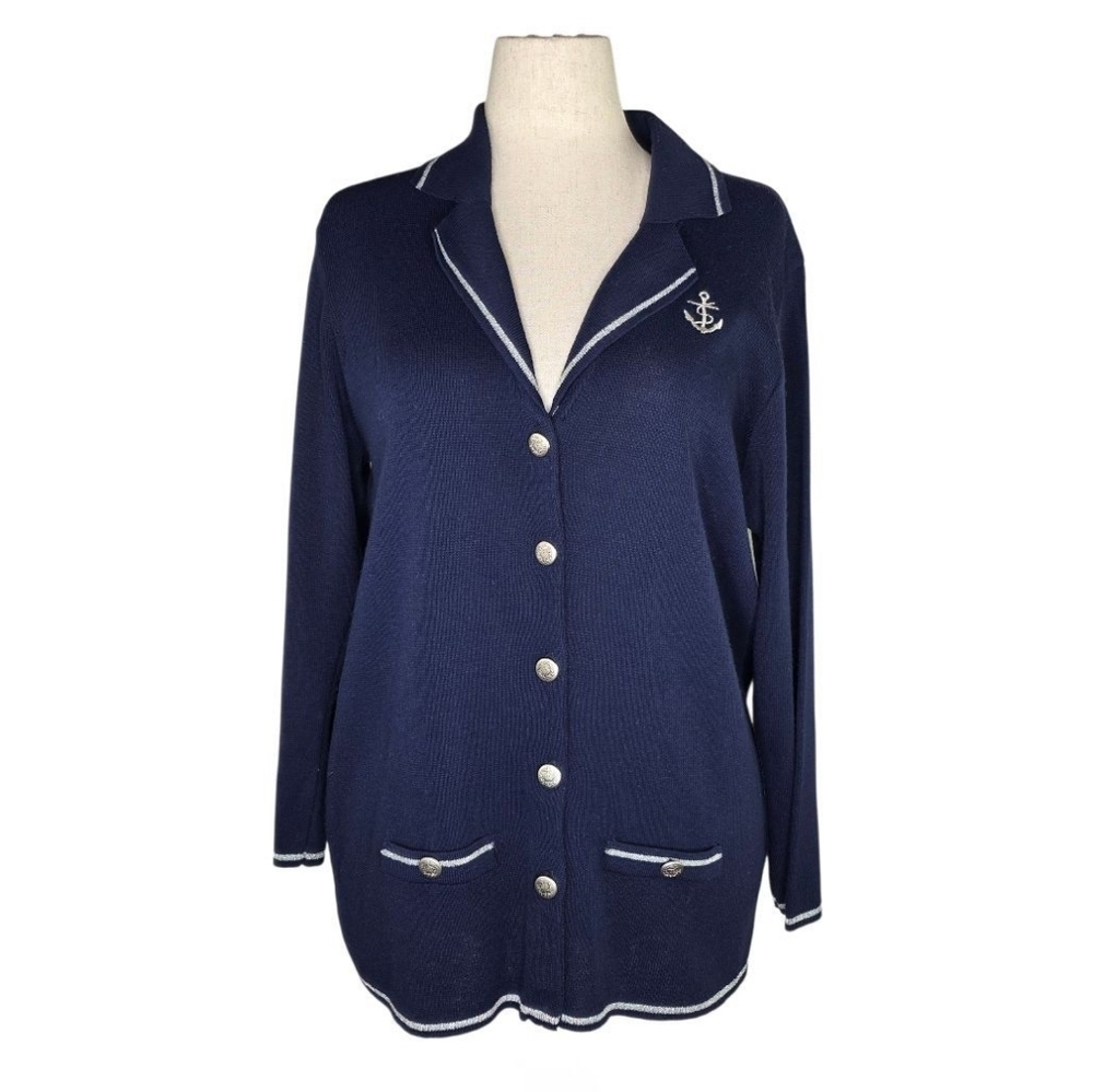Navy Nautical Anchor Cardigan Sweater Blazer Style Preppy Coastal Sailor